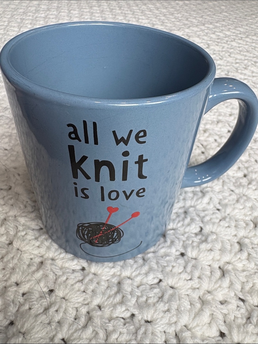 Blue Playful "All We Knit Is Love" Ceramic Coffee Mug Cup Designed in Denmark !!